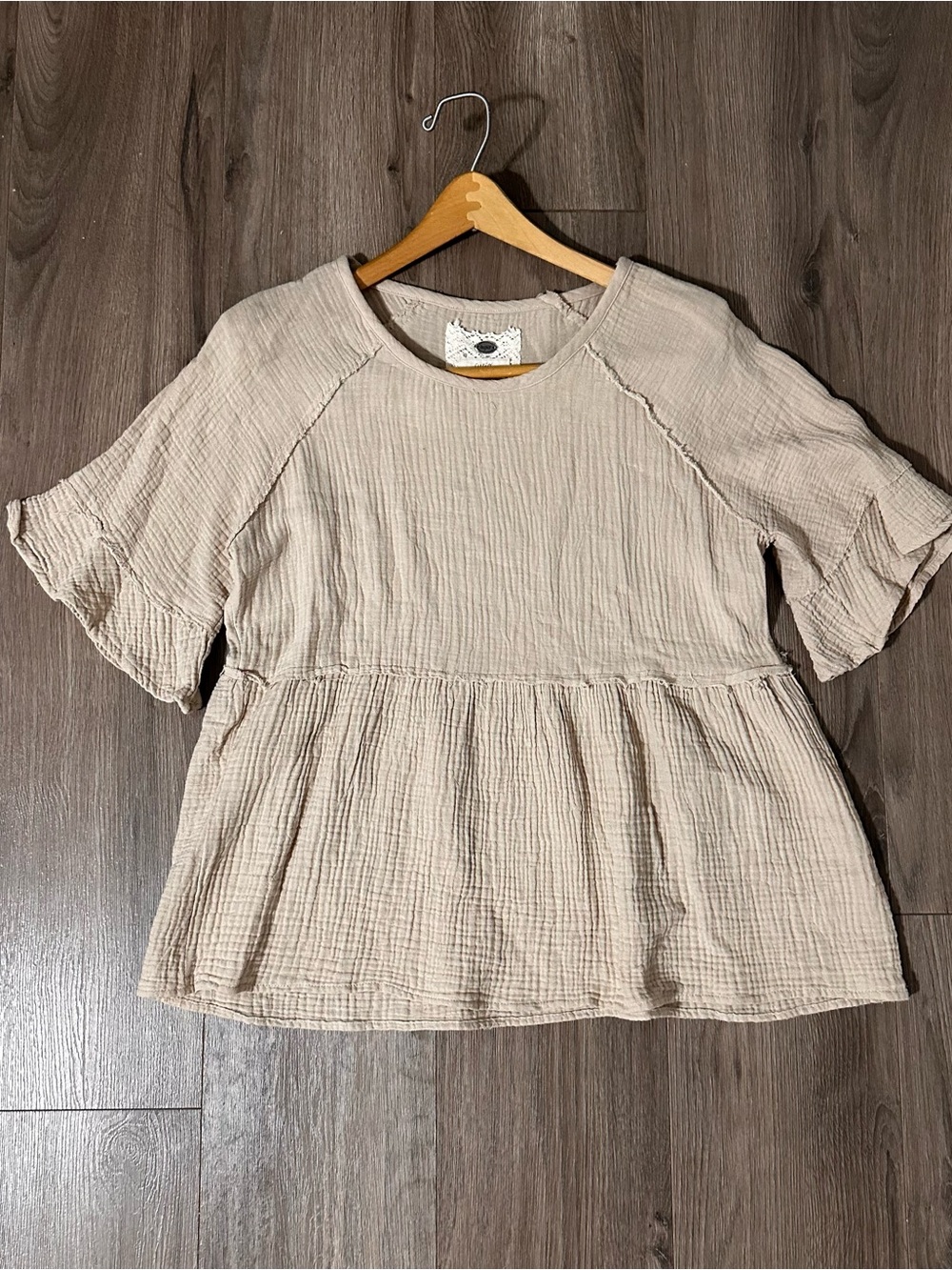 Cupio Tan Cotton Short Sleeve Textured Top